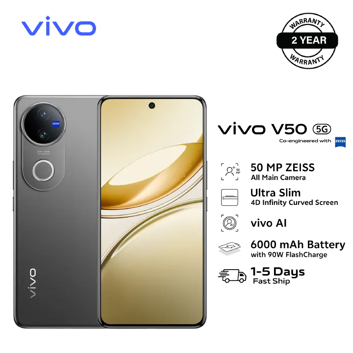 [NEW!!!] Vivo V50 5G 6.77" Amoled Display, 12GB + 512GB ROM (Dual SIM) 50MP+50MP Camera, Snapdragon 7 Gen 3 Chipset, 6000 mAh Si/C Battery (TYP), 60W Fast Charging-(2YRs WRTY) Android 15 Smartphone