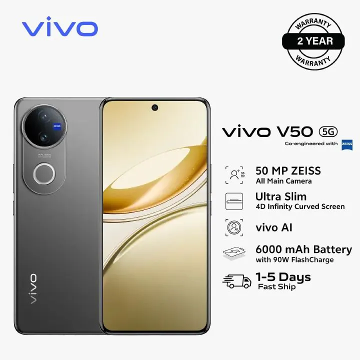 [NEW!!!] Vivo V50 5G 6.77" Amoled Display, 12GB + 512GB ROM (Dual SIM) 50MP+50MP Camera, Snapdragon 7 Gen 3 Chipset, 6000 mAh Si/C Battery (TYP), 60W Fast Charging-(2YRs WRTY) Android 15 Smartphone