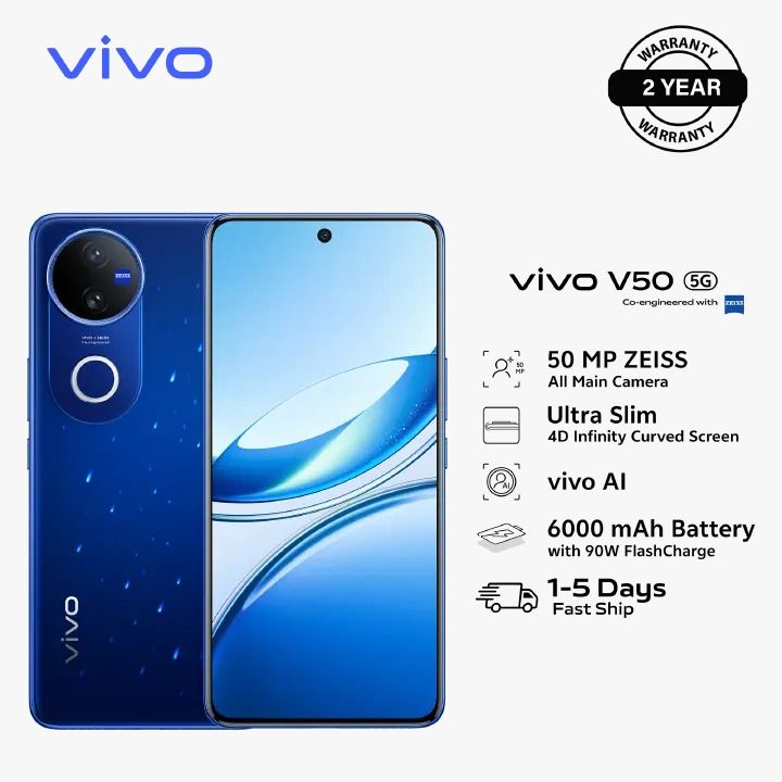 [NEW!!!] Vivo V50 5G 6.77" Amoled Display, 12GB + 512GB ROM (Dual SIM) 50MP+50MP Camera, Snapdragon 7 Gen 3 Chipset, 6000 mAh Si/C Battery (TYP), 60W Fast Charging-(2YRs WRTY) Android 15 Smartphone