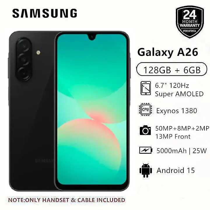 [New Arrival] Samsung Galaxy A26 5G 128GB+6GB 6.7" 120Hz Super AMOLED Display 50MP+13MP Cameras Exynos 1380 Chipset 5000mAh Battery 25W Fast Charge IP67 Dust/Water Resistant Smart Phone