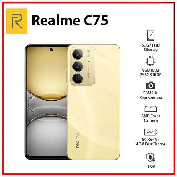[NEW ARRIVAL] Realme C75 256GB+8GB 90Hz 6.72'' LCD Display 50MP+8MP Camera 5828mAh Battery 45W Mediatek Helio G92 Max Processor Android 14 Type-C Dual Sim Fingerprint Unlock 4G PHONE SMARTPHONE
