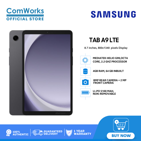 Samsung Galaxy Tab A9 RAM:4 GB RAM /64GB ROM Chipset: Mediatek Helio G99(6nm) Display:8.7inch TFT LCD Resolution: 800 x 1340 pixels Main Camera: 8 MP Selfie Camera:2MP Battery:5,100 mAh Tablet Android