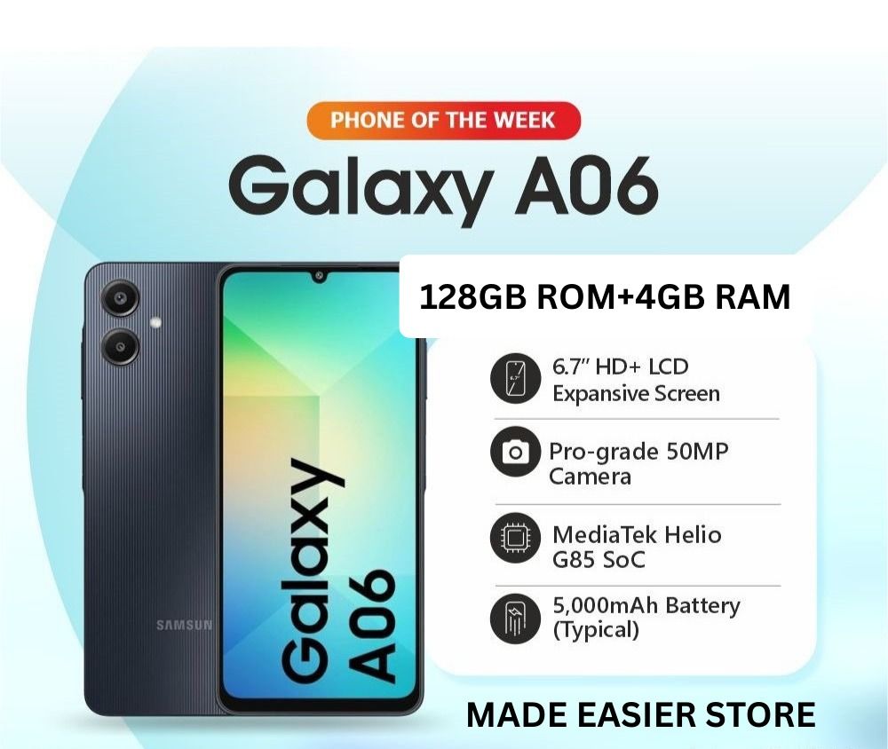 [Tech Week] Samsung Galaxy A06 128GB+4GB 50MP Camera 6.7" 90Hz MTK Helio G85 (12nm) 5000mAh 25W Type-C Charge Android 14 Side Fingerprint Unlock phone 4 Smart Phones