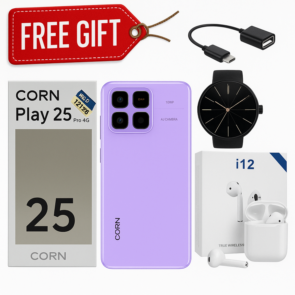[ NEW ARRIVAL ] CORN PLAY 25 PRO 4G, 6.6" HD+, 64GB ROM +12GB RAM ( 4 GB + 8GB EXTENDED) BATTERY 5000 mAh 13MP MAIN CAMERA DUAL SIM  TYPE-C ANDROID 14 PHONE SMARTPHONES + FREE PODS ,SMARTWATCH AND OTG