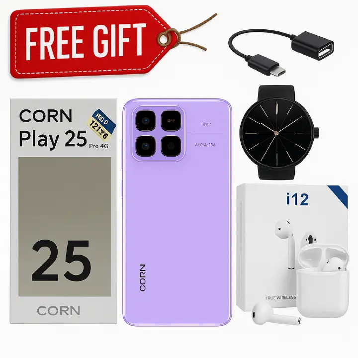 [ NEW ARRIVAL ] CORN PLAY 25 PRO 4G, 6.6" HD+, 64GB ROM +12GB RAM ( 4 GB + 8GB EXTENDED) BATTERY 5000 mAh 13MP MAIN CAMERA DUAL SIM  TYPE-C ANDROID 14 PHONE SMARTPHONES + FREE PODS ,SMARTWATCH AND OTG