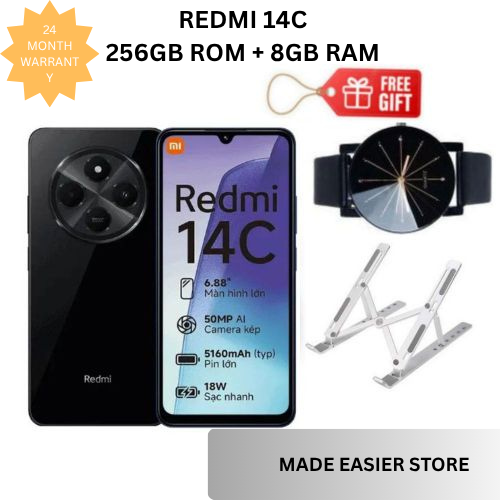 Brand New XIAOMI Redmi 14C 256GB Rom + 8GB Ram 50MP AI Dual Camera Immersive 6.88" UHD Display Upto 120Hz Refresh Rate Dual Sim 5160mAh (typ) Battery Elegant glass back cover Smart Phone + Free GIFTS