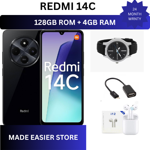 XIAOMI Redmi 14C 128GB Storage+4GB Ram 50MP AI Dual Camera Immersive 6.88" UHD Display Upto 120Hz Refresh Rate Dual Sim 5160mAh (typ) Battery Elegant glass back cover smart Phone + FREE GIFTS