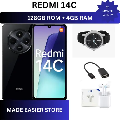 XIAOMI Redmi 14C 128GB Storage+4GB Ram 50MP AI Dual Camera Immersive 6.88" UHD Display Upto 120Hz Refresh Rate Dual Sim 5160mAh (typ) Battery Elegant glass back cover smart Phone + FREE GIFTS