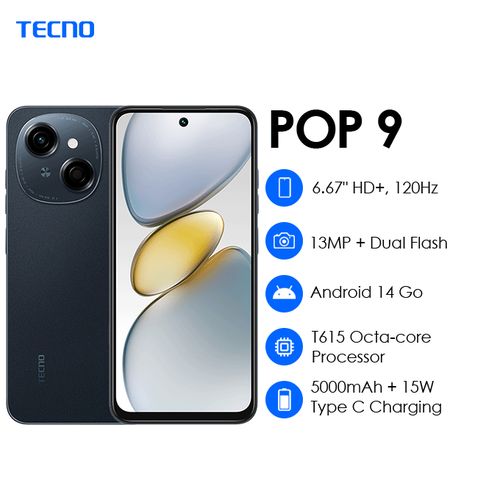 [NEW ARRIVAL]Tecno POP 9 6.6" 128 GB Storage + 3RAM 120Hz Hole Screen Dual Speakers IP54 Waterproof  - Android 14 13MP Camera Dual sim 5000mAh-Smartphones