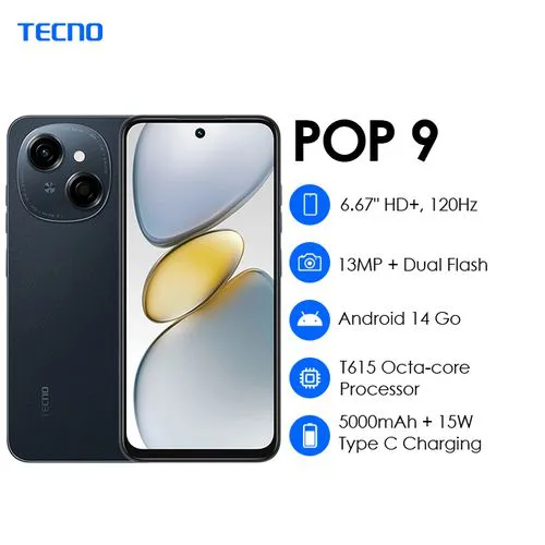 TECNO POP 9 128GB + 6(3+3)GB 4.5G Fast Network 6.6" 120Hz Phone Dual Speakers IP54 Waterproof 13MP 5000mAh Type-C Android 14 Dual SIM Side Fingerprint Phones Smart Phones