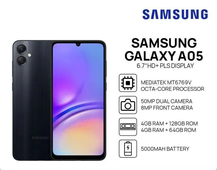 LIMITED DISCOUNT !!!! BRAND NEW Samsung Galaxy A05, 6.7", 90HZ, 4GB RAM + 64GB ROM, 50MP, 5000mAh COMES WITH FREE GIFTS (SMART WATCH) FOR YOU