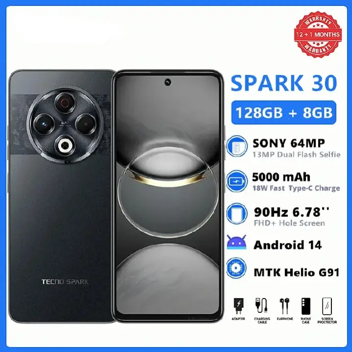 TECNO SPARK 30 128GB +8GB(+8GB Extended RAM) 6.78" SONY IMX682 64MP Camera MTK Helio G91 IP64 Waterproof 5000mAh Smart Phones 4G-Dual SIM Side Fingerprint phone SMARTPHONE