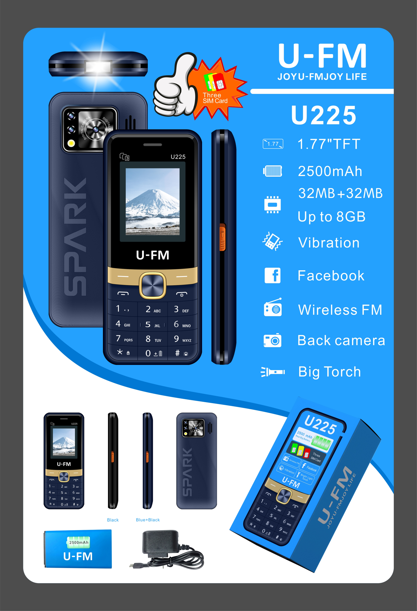 [ NEW ARRIVAL ]U-FM U225 32 MB RAM featured phone Triple SIM Regular 2500mAh Battery capacity, 1.77" display with BT connectivity featured phones