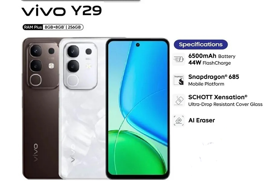 Vivo Y29 DISPLAY 6.68 INCHES 8GB RAM +128GB ROM 6500MAH BATTERY+ 44W FLASH CHARGE DUAL SIM REAR CAMERA 50mp FRONT CAMERA 8mp ANDROID 14 PHONE SMARTPHONE