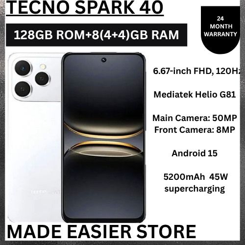 Tecno Spark 40 128GB + 8GB(4+4GB EXTENDED) 6.67'' Hole Screen Camera 50MP Main Camera 8MP Front Camera 45W Super Charging 5200mAh BatterySide Fingerprint Free call without signal smartphone