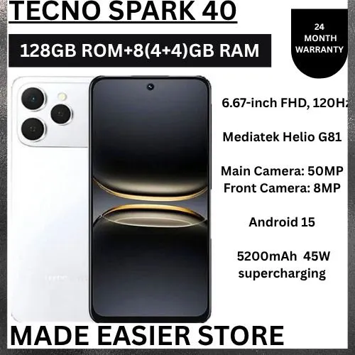Tecno Spark 40 128GB + 8GB(4+4GB EXTENDED) 6.67'' Hole Screen Camera 50MP Main Camera 8MP Front Camera 45W Super Charging 5200mAh BatterySide Fingerprint Free call without signal smartphone