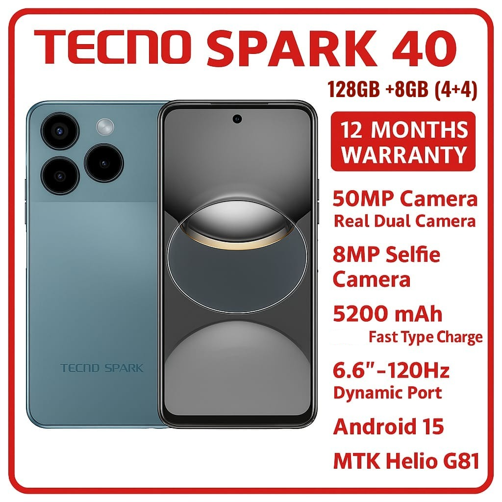 Tecno Spark 40 128GB + 8GB(4+4GB EXTENDED) 6.67'' Hole Screen Camera 50MP Main Camera 8MP Front Camera5200mAh BatterySide Fingerprint Free call without signal smartphone + FREE GIFTS FOR YOU