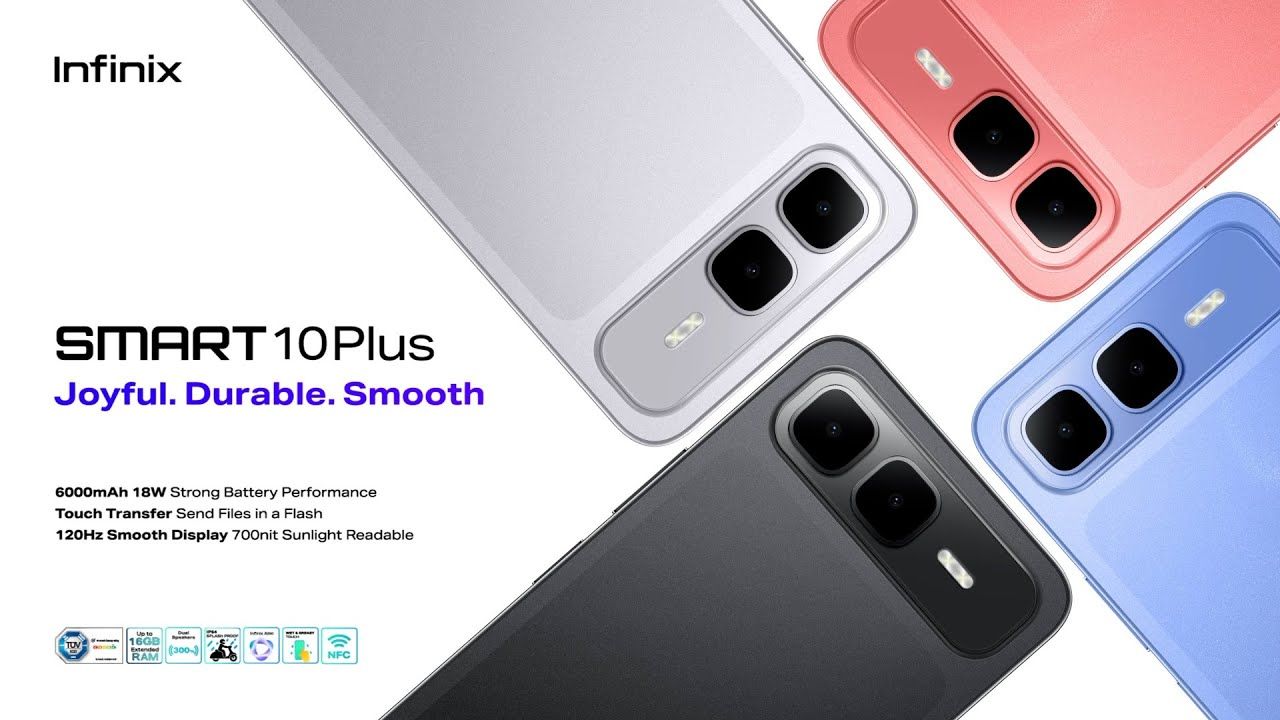 Infinix Smart 10 Plus 6.67" 120Hz IPS LCD Screen, 128GB Storage + 4GB RAM, 6000 mAh Battery, 8MP Rear & 8MP Front Camera, Android 15, Dual SIM, Side Fingerprint, Stereo Speakers, USB-C, FM Radio Smart