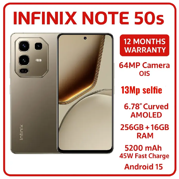 Infinix Note 50s 5G 256GB+16GB RAM (8+8GB EXTENDED) 6.78" 144Hz Amoled Dual SIM Phone 64MP Camera 5200mAh Battery 45W Charging MediaTek Dimensity 7300 Ultimate Smart Phones Smartphone