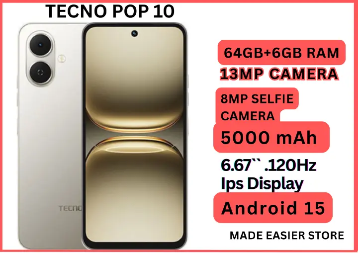 NEW ARRAIVAL! TECNO POP 10 64GB ROM + 6GB RAM (3+3GB EXTENDED)6.67 inch FHD 5000mAh Battery 13MP Main Camera Dual SIM 4.5G FAST NETWORK Android 15 (Go Edition) Mobile Phones > Smart Phones