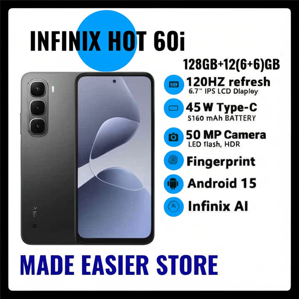 [Pre-sale] Infinix Hot 60i 128GB+12(6+6)GB 6.7" 120Hz Screen 4G Phone Dual SIM 5160mAh Battery 45W Charging 50MP Camera Fingerprint Lock Android 15 G81 Smart AI smart Phones