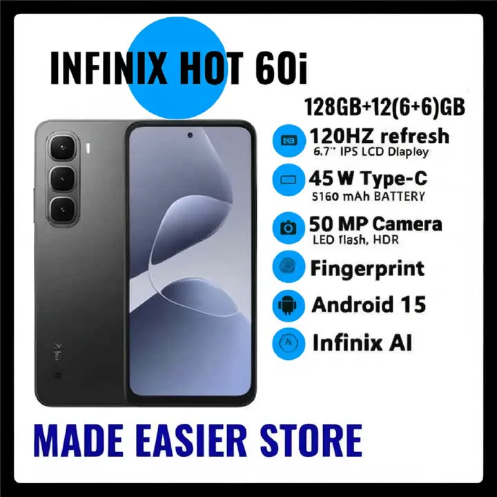 [Pre-sale] Infinix Hot 60i 128GB+12(6+6)GB 6.7" 120Hz Screen 4G Phone Dual SIM 5160mAh Battery 45W Charging 50MP Camera Fingerprint Lock Android 15 G81 Smart AI Phones