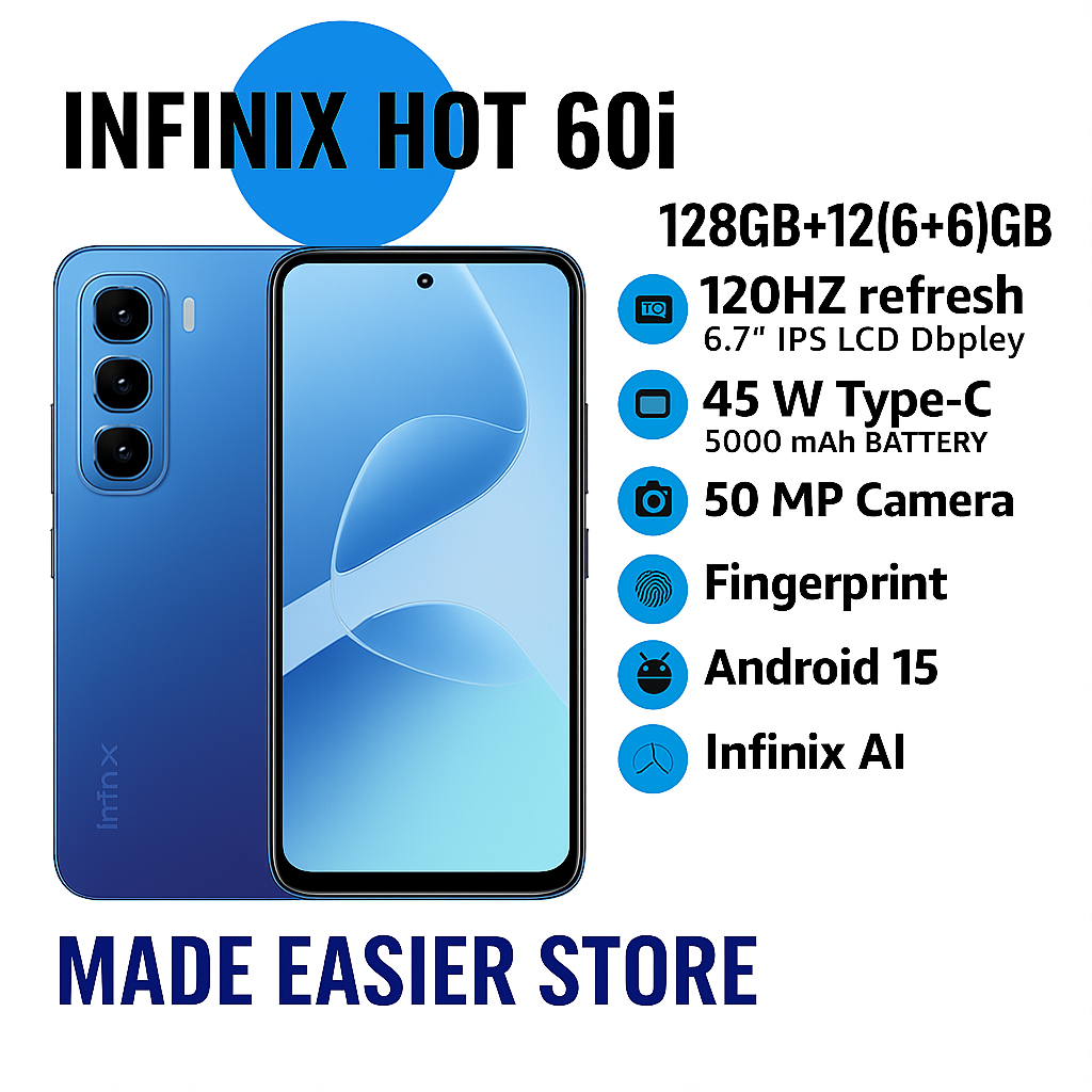 [Pre-sale] Infinix Hot 60i 128GB+12(6+6)GB 6.7" 120Hz Screen 4G Phone Dual SIM 5160mAh Battery 45W Charging 50MP Camera Fingerprint Lock Android 15 G81 Smart AI smart Phones