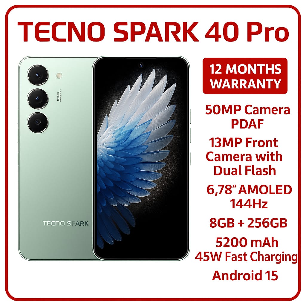 BRAND NEW Tecno Spark 40 PRO 256GB ROM+ 8GB RAM 6.78'' AMOLED SCREEN (Dual Sim)  50MP Camera + 13MP SELFIE CAMERA 5200 MAh BATTERY CAPACITY 45W Fast charging ANDROID 15 PHONE smartphone