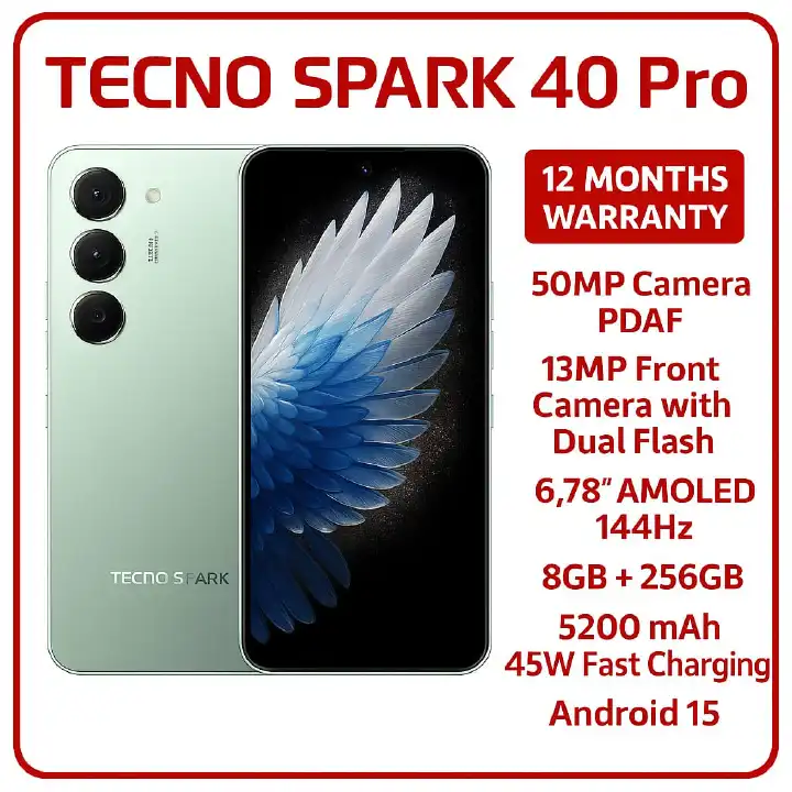 BRAND NEW Tecno Spark 40 PRO 256GB ROM+ 8GB RAM 6.78'' AMOLED SCREEN (Dual Sim)  50MP Camera + 13MP SELFIE CAMERA 5200 MAh BATTERY CAPACITY 45W Fast charging ANDROID 15 PHONE smartphone