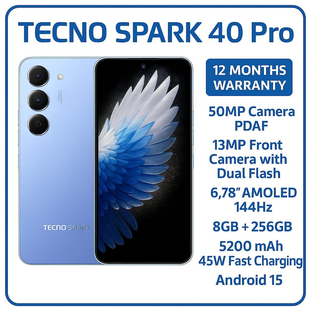 BRAND NEW Tecno Spark 40 PRO 256GB ROM+ 8GB RAM 6.78'' AMOLED SCREEN (Dual Sim)  50MP Camera + 13MP SELFIE CAMERA 5200 MAh BATTERY CAPACITY 45W Fast charging ANDROID 15 PHONE smartphone