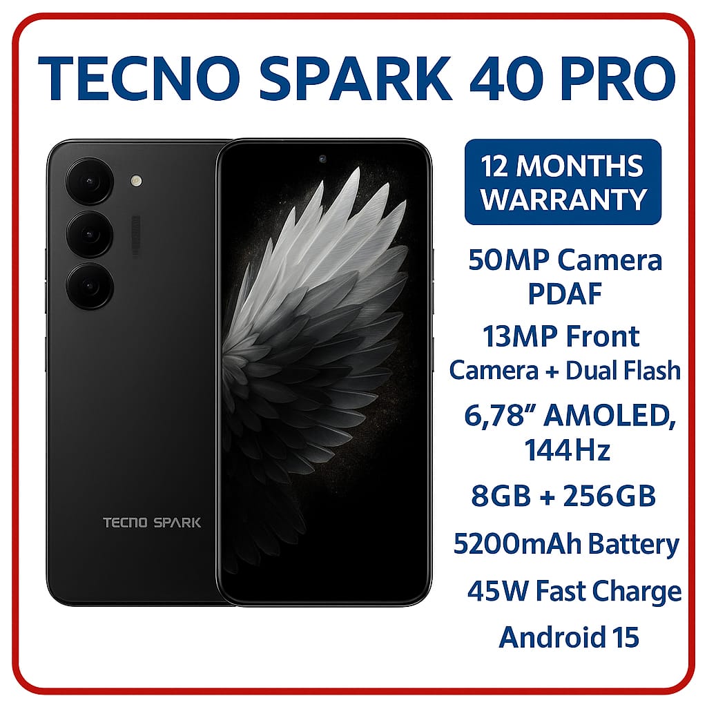BRAND NEW Tecno Spark 40 PRO 256GB ROM+ 8GB RAM 6.78'' AMOLED SCREEN (Dual Sim)  50MP Camera + 13MP SELFIE CAMERA 5200 MAh BATTERY CAPACITY 45W Fast charging ANDROID 15 PHONE smartphone