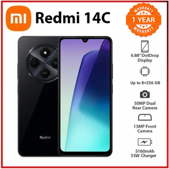 XIAOMI Redmi 14C 128GB Storage Up to 8GB Ram 50MP AI Dual Camera Immersive 6.88" HD+ Display Up to 120Hz Refresh Rate Dual Sim 5160mAh Type Battery Elegant Glass Back Cover Smart Phone
