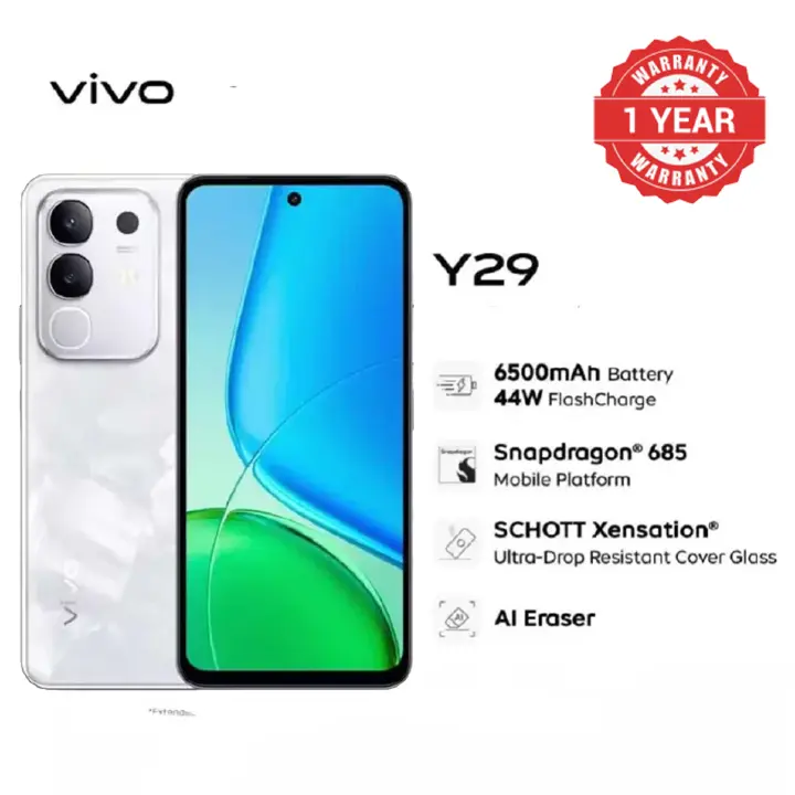 Vivo Y29 DISPLAY 6.68 INCHES 8GB RAM +128GB ROM 6500MAH BATTERY+ 44W FLASH CHARGE DUAL SIM REAR CAMERA 50mp FRONT CAMERA 8mp ANDROID 14 PHONE SMARTPHONE