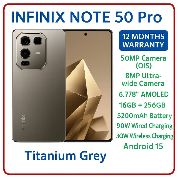 Infinix Note 50 PRO 256GB+16GB (8+8)GB RAM 6.78" 144Hz Screen Dual SIM Phone 90W 5200mAh 50MP Camera Android 15 MediaTek Helio G100 Ultimate Smart AI Phones-Free Gift