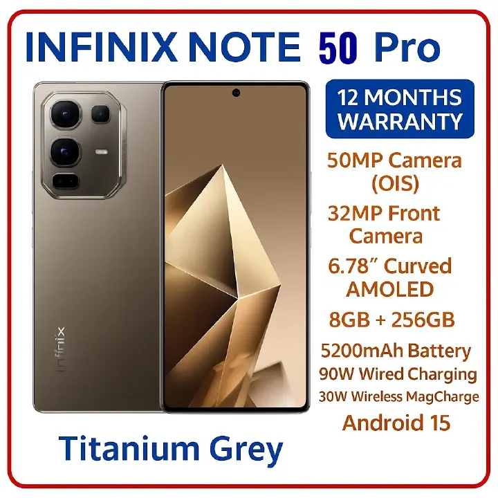 Infinix Note 50 PRO 256GB+16GB (8+8)GB RAM 6.78" 144Hz Screen Dual SIM Phone 90W 5200mAh 50MP Camera Android 15 MediaTek Helio G100 Ultimate Smart AI Phones-Free Gift