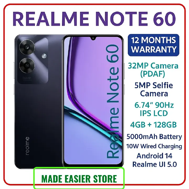 New Arrival Realme Note 60 128GB ROM +8(4+4)GB RAM 6.74" 90Hz 32MP AI Camera IP64 Dust Water Proof 5000mAh Ultra Slim Android 14 Dual SIM Smart Phones Side Fingerprint phone
