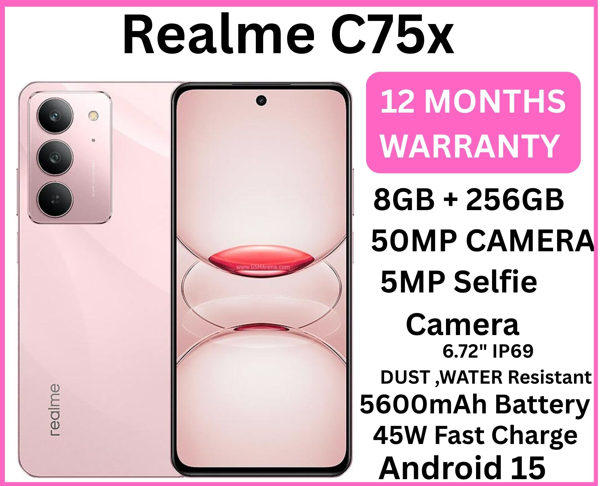 New Arrival Realme C75x 256GB +16(8+8)GB IP69 Dust Water Resistant 6.72'' 120Hz 5600mAh 45W 50MP Camera Mediatek Helio G81 Ultra (12nm) Android 15 Type-C Dual Sim Smart Phones Side Fingerprint phone