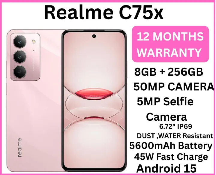 New Arrival Realme C75x 256GB +16(8+8)GB IP69 Dust Water Resistant 6.72'' 120Hz 5600mAh 45W 50MP Camera Mediatek Helio G81 Ultra (12nm) Android 15 Type-C Dual Sim Smart Phones Side Fingerprint phone