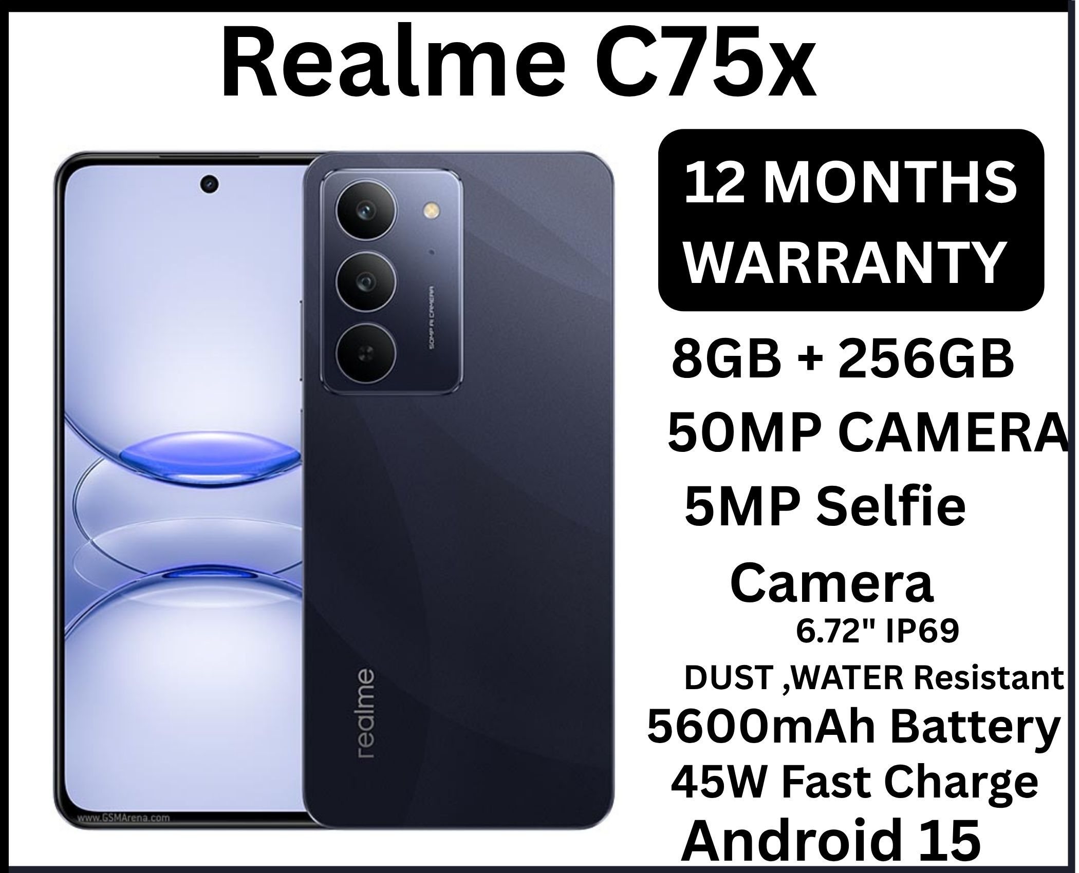 New Arrival Realme C75x 256GB +16(8+8)GB IP69 Dust Water Resistant 6.72'' 120Hz 5600mAh 45W 50MP Camera Mediatek Helio G81 Ultra (12nm) Android 15 Type-C Dual Sim Smart Phones Side Fingerprint phone
