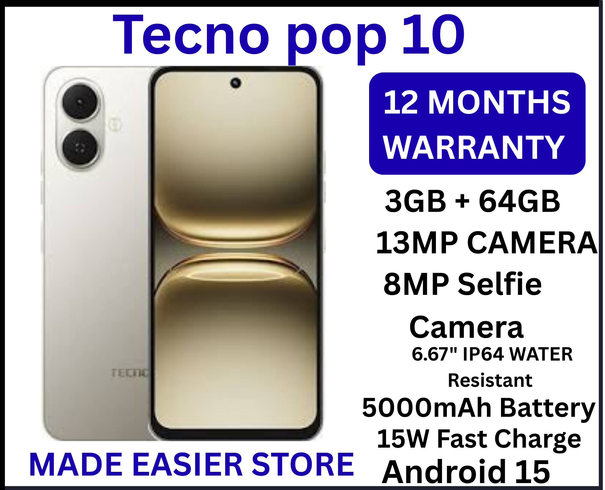 NEW ARRAIVAL! TECNO POP 10 64GB ROM + 6GB RAM (3+3GB EXTENDED)6.67 inch FHD 5000mAh Battery 13MP Main Camera Dual SIM 4.5G FAST NETWORK Android 15 (Go Edition) Mobile Phones > Smart Phones
