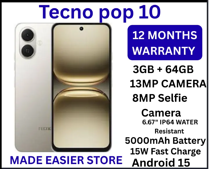 NEW ARRAIVAL! TECNO POP 10 64GB ROM + 6GB RAM (3+3GB EXTENDED)6.67 inch FHD 5000mAh Battery 13MP Main Camera Dual SIM 4.5G FAST NETWORK Android 15 (Go Edition) Mobile Phones > Smart Phones