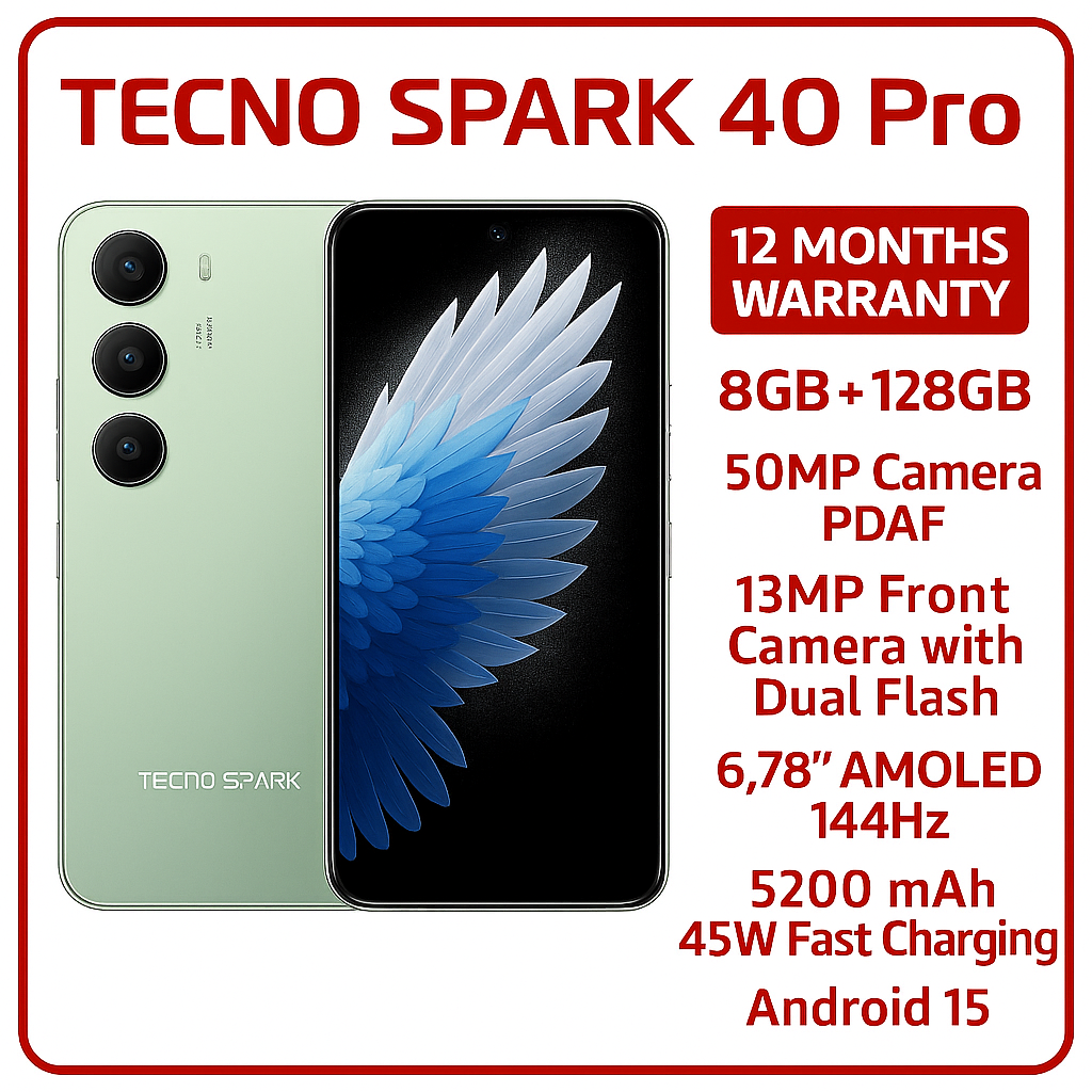 Tecno Spark 40 PRO 128GBGB ROM + 8GB RAM 6.78'' 3D AMOLED DISPLAY IP64 Dust and Water Resistant Dual Sim 50MP + 13MP CAMERA 5200 MAh Battery 45W Fast charging ANDROID 15 Phone smartphone