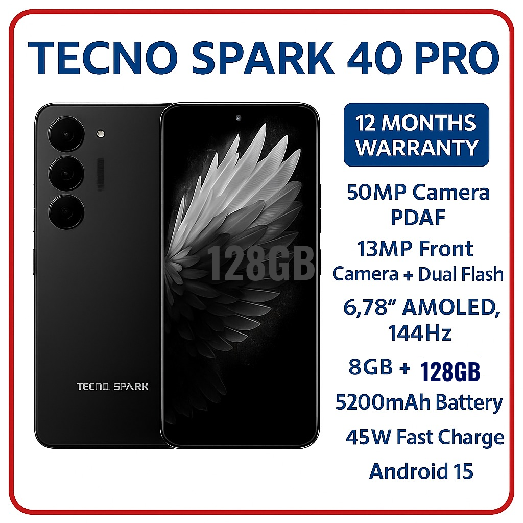 BRAND NEW Tecno Spark 40 PRO 128GB ROM+ 8GB RAM 6.78'' AMOLED SCREEN (Dual Sim)  50MP Camera + 13MP SELFIE CAMERA 5200 MAh BATTERY CAPACITY 45W Fast charging ANDROID 15 PHONE smartphone
