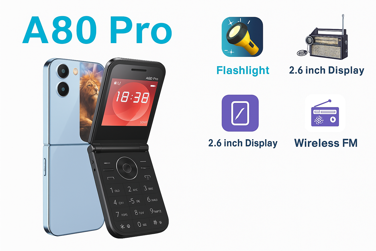 Oking A80 Pro Flip Phone Dual sim , 2.6" (Dual SIM), Wireless FM -Type C charger phone with wireless FM ,Torch light ,camera ,with big battery-Type C charger FEATURE PHONE