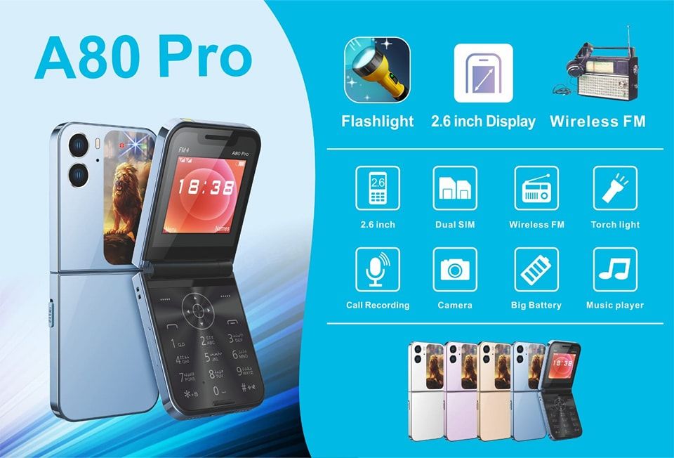 Oking A80 Pro Flip Phone Dual sim , 2.6" (Dual SIM), Wireless FM -Type C charger phone with wireless FM ,Torch light ,camera ,with big battery-Type C charger FEATURE PHONE