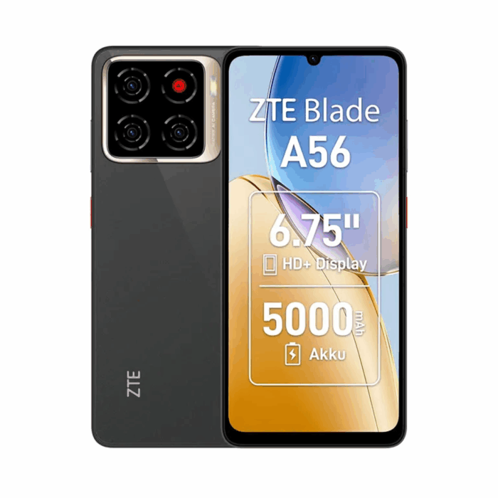 ZTE Blade A56 128GB ROM + 12GB (4+8GB EXTENDED RAM)6.75``HD+ screen display with 90Hz Refresh rate 13mp rear camera 5.0mp selfie  5000mAh battery capacity Dual SIM 4G Android 15 Smart Phones