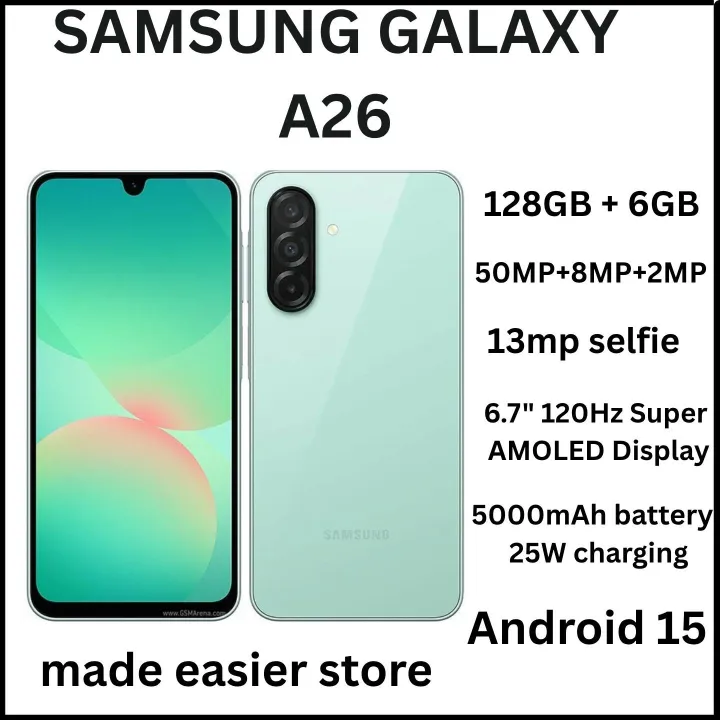 [New Arrival] Samsung Galaxy A26 5G 128GB+6GB 6.7" 120Hz Super AMOLED Display 50MP+13MP Cameras Exynos 1380 Chipset 5000mAh Battery 25W Fast Charge IP67 Dust/Water Resistant Smart Phone