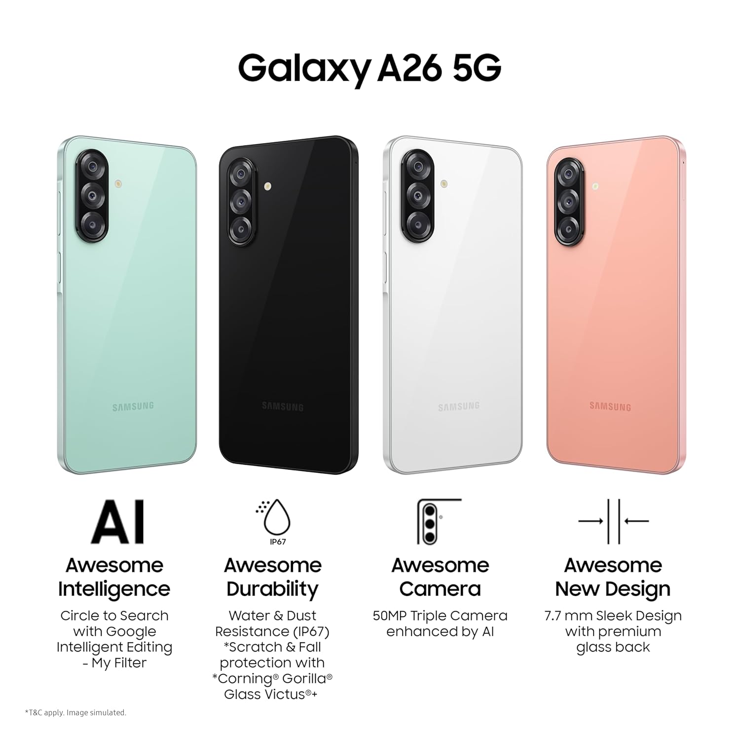 [New Arrival] Samsung Galaxy A26 5G 128GB+6GB 6.7" 120Hz Super AMOLED Display 50MP+13MP Cameras Exynos 1380 Chipset 5000mAh Battery 25W Fast Charge IP67 Dust/Water Resistant Smart Phone