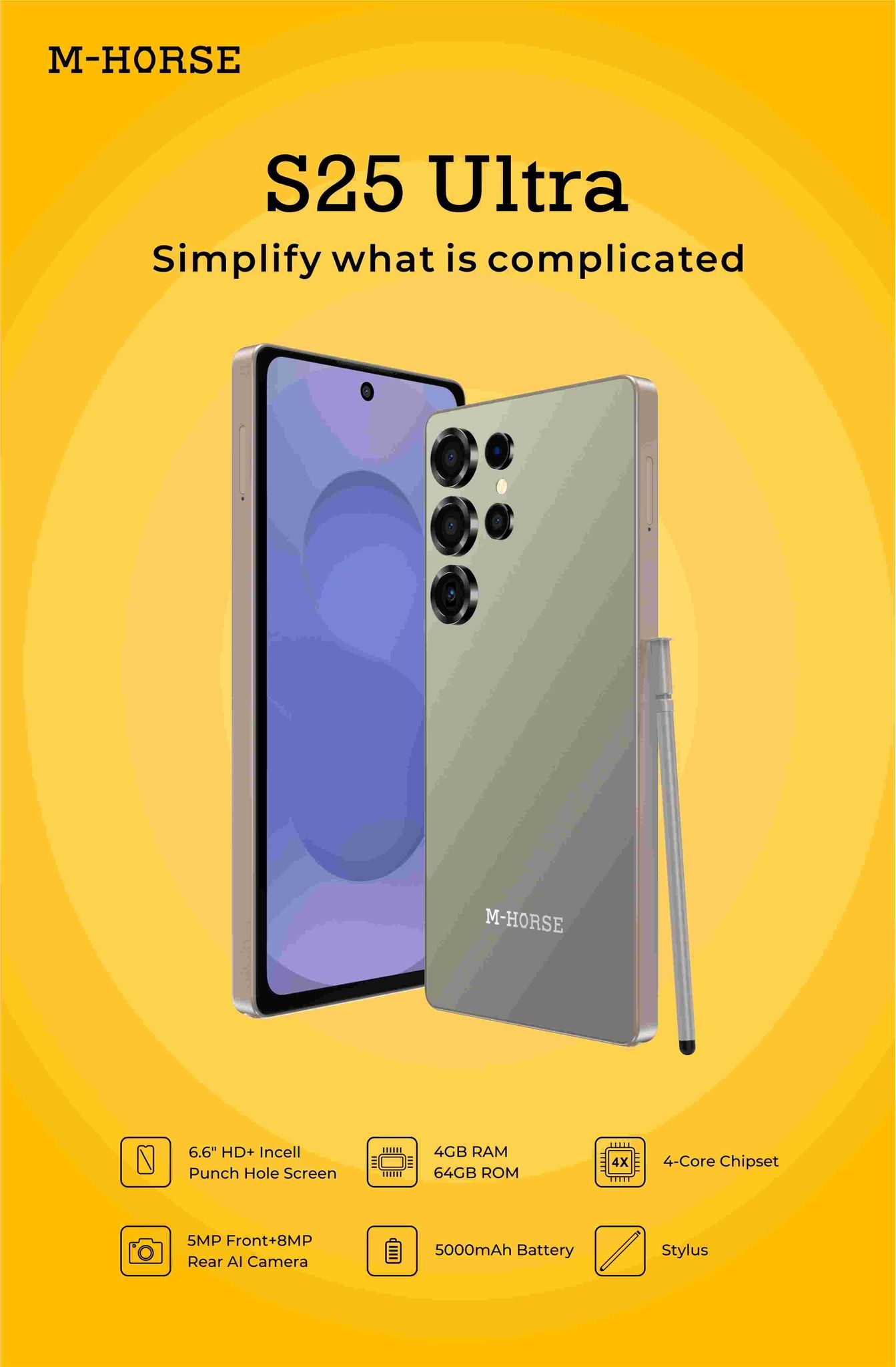 M-HORSE S25 Ultra 6.6'' HD + incell 4GB RAM + 64GB ROM 5MP Front camera +8MP Rear camera 5000mAh battery capacity with stylus pen side fingerprint UNLOCK Android 14 phone smartphone +FREE EARPODS