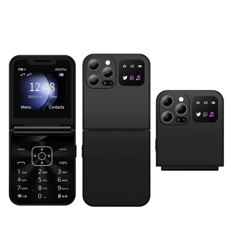 A50 Pro Flip Phone, 2.4" Screen Foldable Mobile Phones Dual SIM Card GSM Electric Torch Automatic Call Recording, Wireless FM -Type C 1350mAh battery feature smart touch button kabambe katululu phone